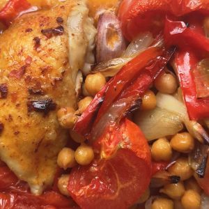 Harissa coated chicken with chickpeas, tomatoes and red pepper